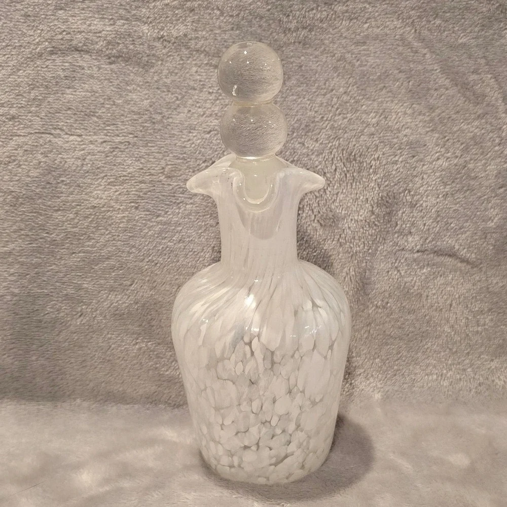 Vintage‎ White Confetti Spatter Hand Blown Glass Cruet Decanter with Stopper